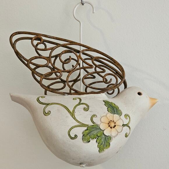 Charming Hanging Bird Shaped Bird House with Floral Accents and Metal Wings 9"L - Picture 3 of 10